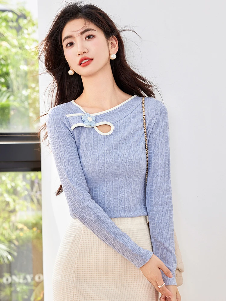 Design Sense Niche Knitted Tops Women Sweet Elegant Flowers Pullover Tops Autumn New Fashion Slim Fit Sweater