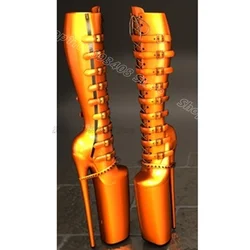 Botas de joelho com fivela de plataforma para mulheres, toe redondo, zíper lateral, estilo britânico, vestido de festa, sapatos stiletto, sapatos laranja, 2024