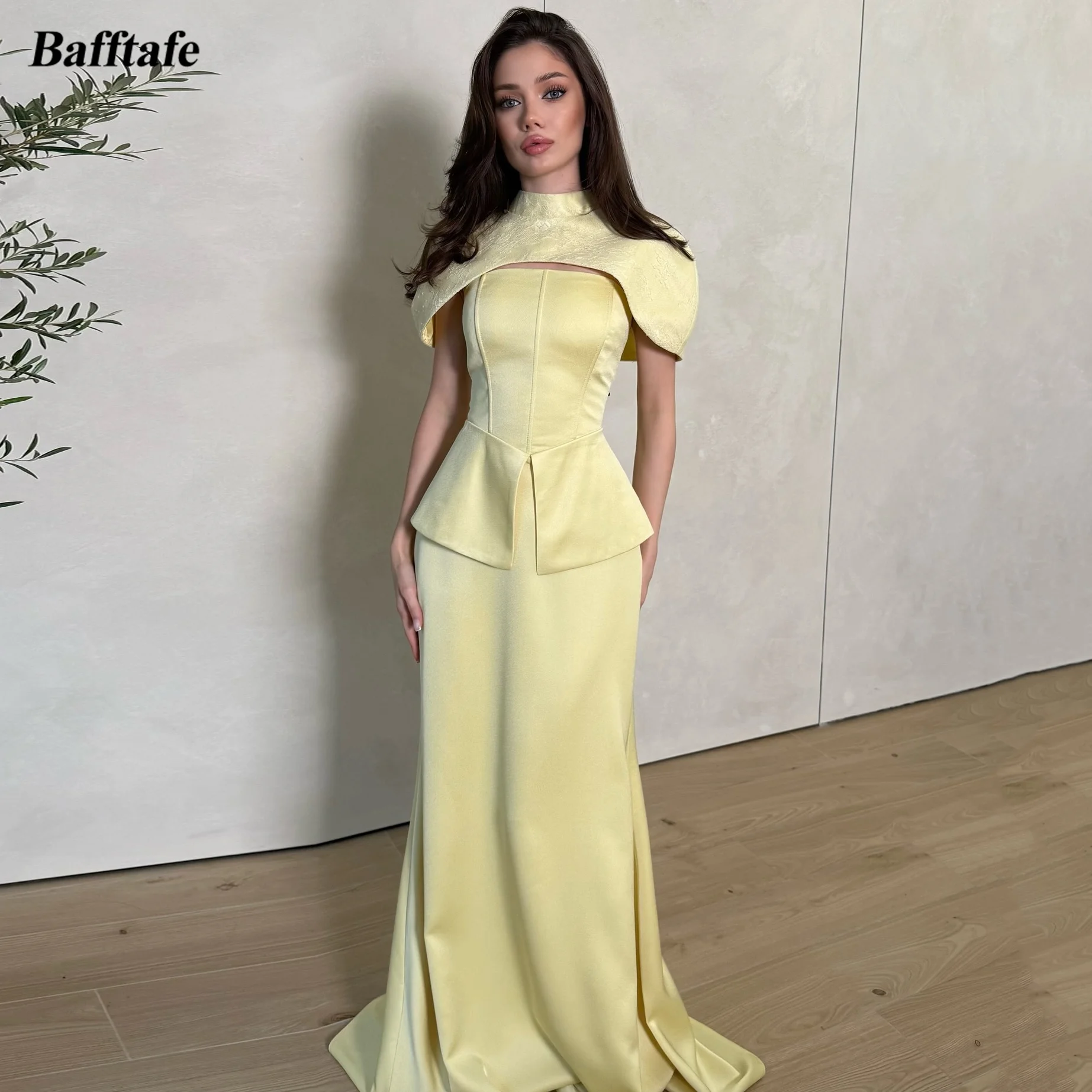 Bafftafe Geel Satijn Zeemeermin Avondfeest Jurken Met Wrap 2 Stuks Aangepaste Vrouwen Prom Jurken Corset Formele Gelegenheid Jurk