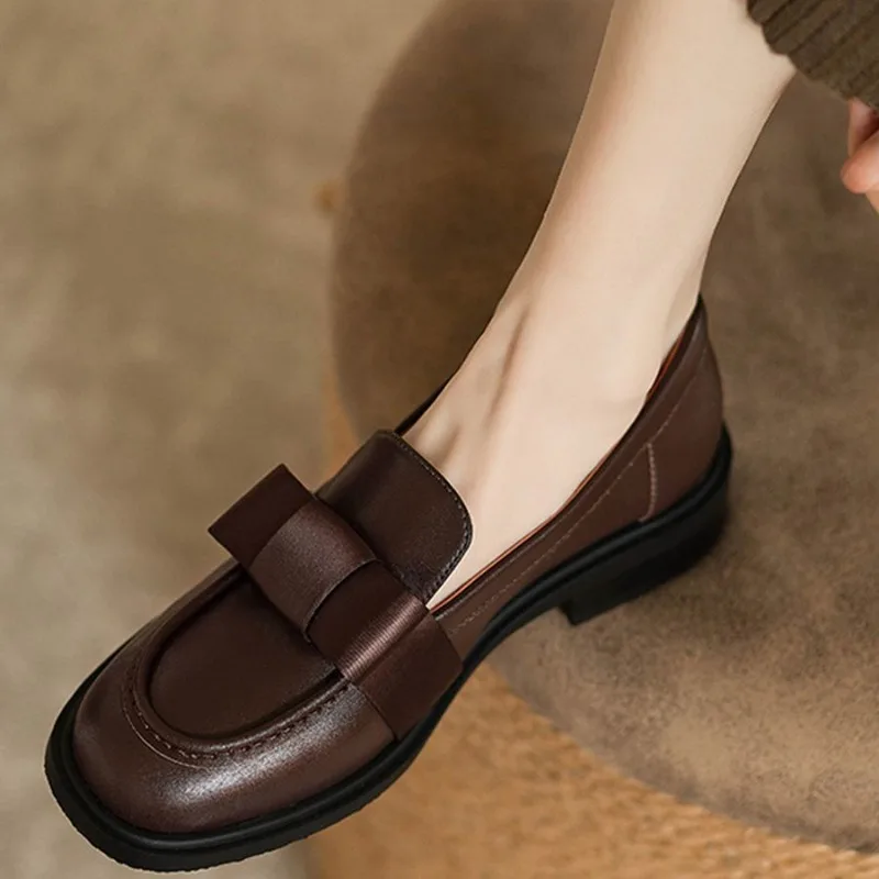 

2025 Spring and Autumn New French Leather Shoes, Women's British Style Retro Square-toed Loafers, Bow Mary Jane Single Shoes