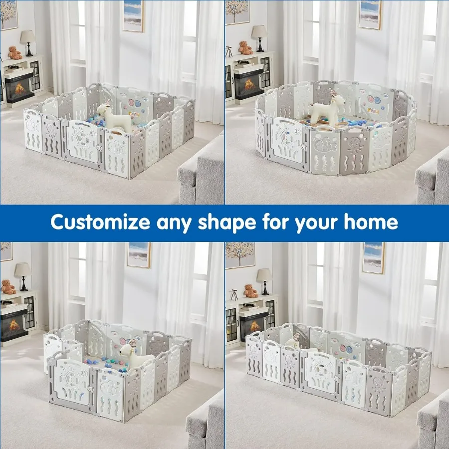 Box per bambini pieghevole a 14 pannelli aggiornato con pannello di gioco interattivo e cancello di sicurezza per bambini Design di forma regolabile per interni