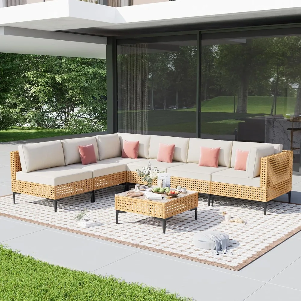 

Patio Furniture Set 7 Piece Outdoor Sectional Free Combination Outdoor Couch with Thick Cushion All Weather Wicker Patio Convers