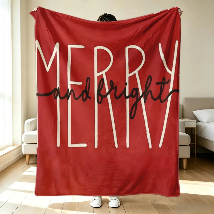 1PC Merry Christmas printed flannel blanket, Red letters 2D single-sided printed holiday sofa bed decorative blanket