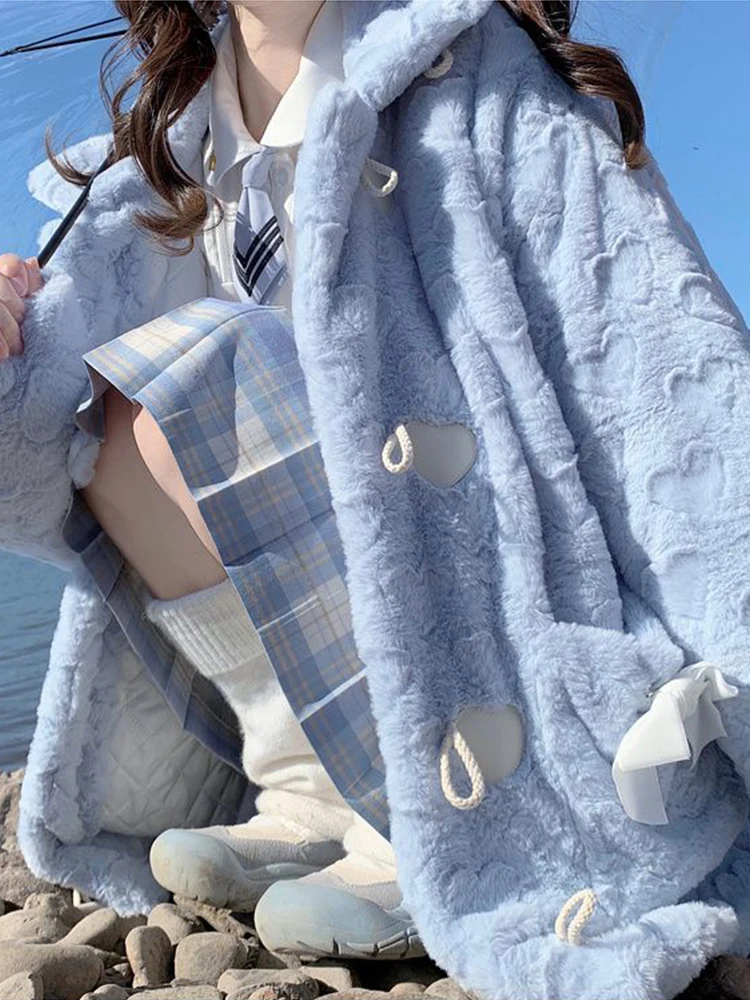 Kawaii Plush Coat Women Korean Fashion Preppy Style Warm Jacket Female Winter Sweet Casual Bow Horn Button Outerwear Ladies