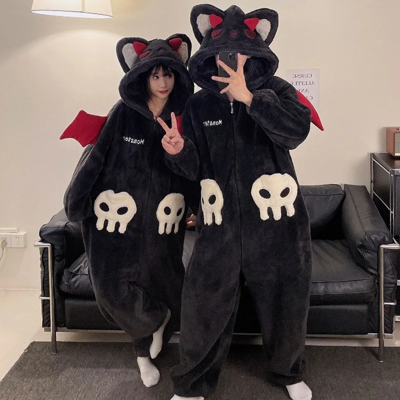 Cartoon Devil Pajamas Couples Women Men Onesie Sleepwear Winter Thicken Hooded Loungewear Coral Fleece Homewear Pijama Disfraz