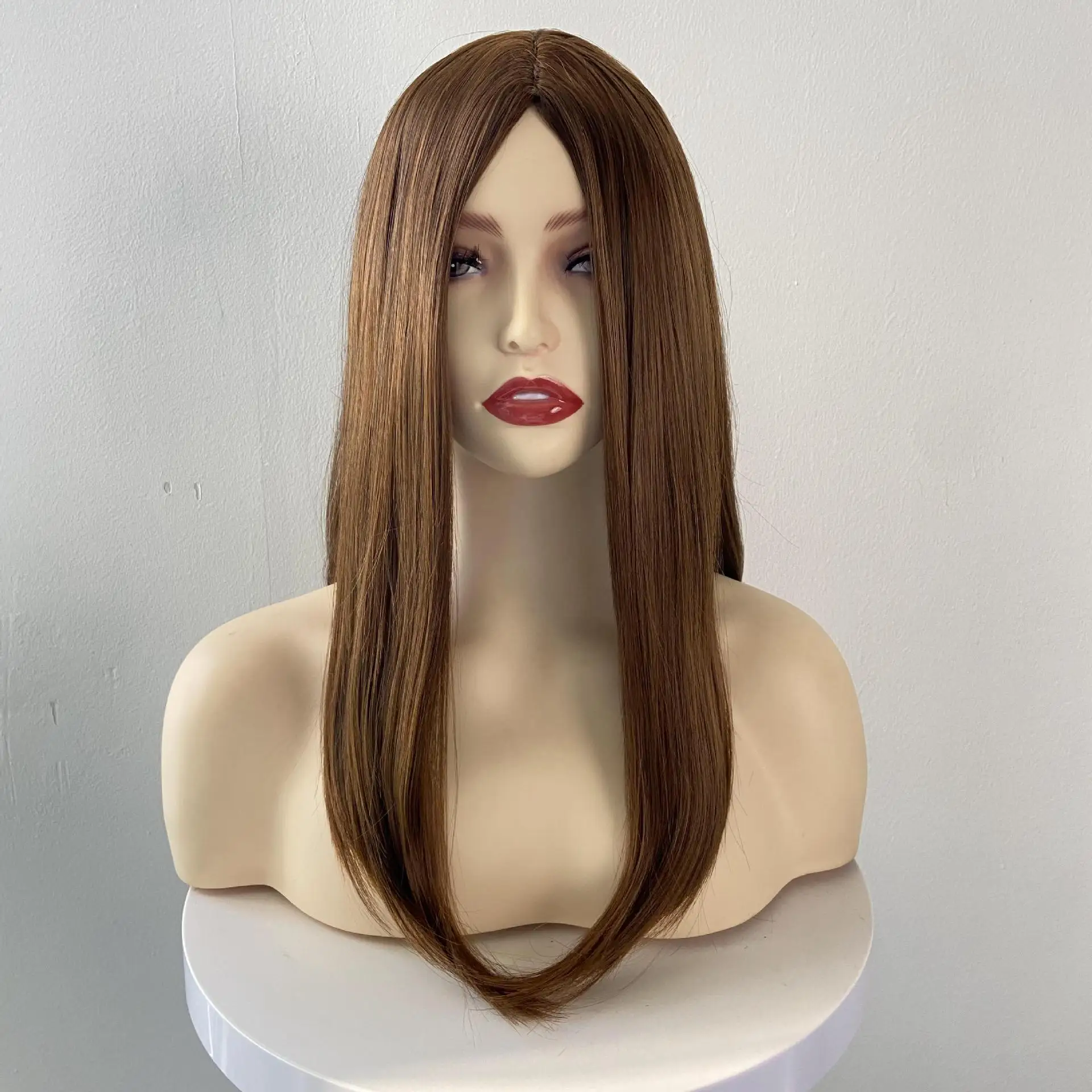 Modern style smooth straight hair design with long bangs, brown wig, Christmas gift for good friends