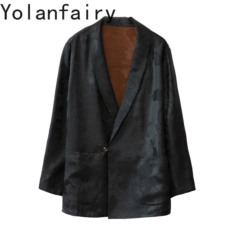 YOLANFAIRY Luxury 100% Mulberry Silk Shirt Women Single Button Suit Jacket Gambiered Silk Jacquard Top Coat Loose Elegant Blazer
