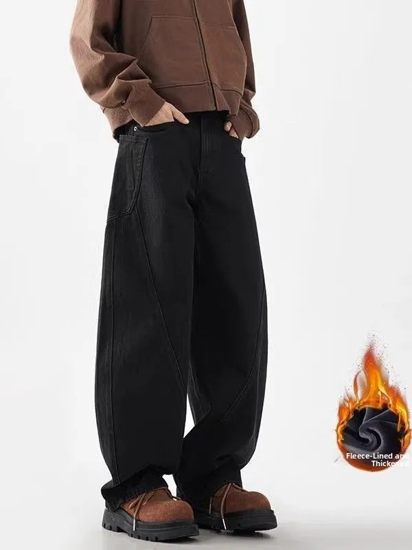 

plus Size Bla Knife Denim Jeans Men's Autumn Winter Fce Lined Thiened American Retro Loose Wide Leg Scythe Workwe...