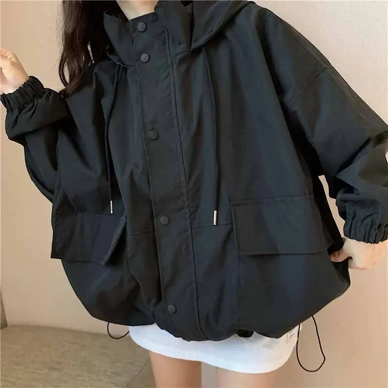 

Женская студенческая новая двухслойная рабочая одежда с капюшоном, ветровка на подкладке, женская корейская свободная посадка, черная ветровка с капюшоном, пальто