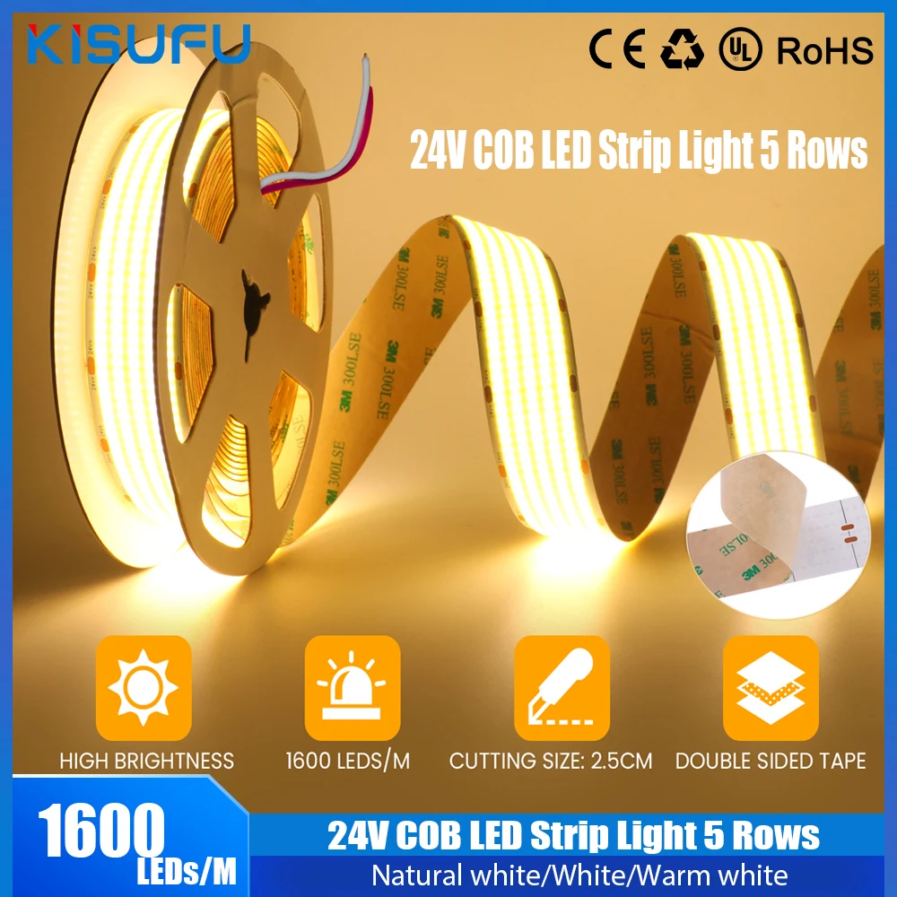 5 Rows 24V COB LED Strip Light 1600LEDs/m Super Bright High Density Linear Light Self-adhesive Tape Lighting 3000K 4000K 6500K