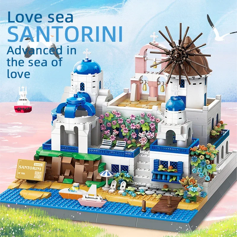 Santorini Island Modern Villa Building Blocks Architecture World Famous Architecture Bricks City Street View Toys Gifts For Kids