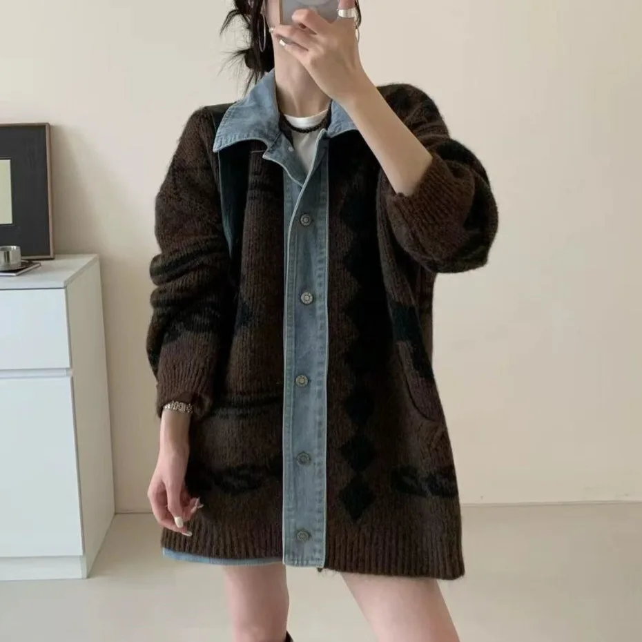 Dames gesplitst denim vest truien gebreide truien jacquard kraagvorm lange mouwen losse Y2k casual 2025, herfst winter