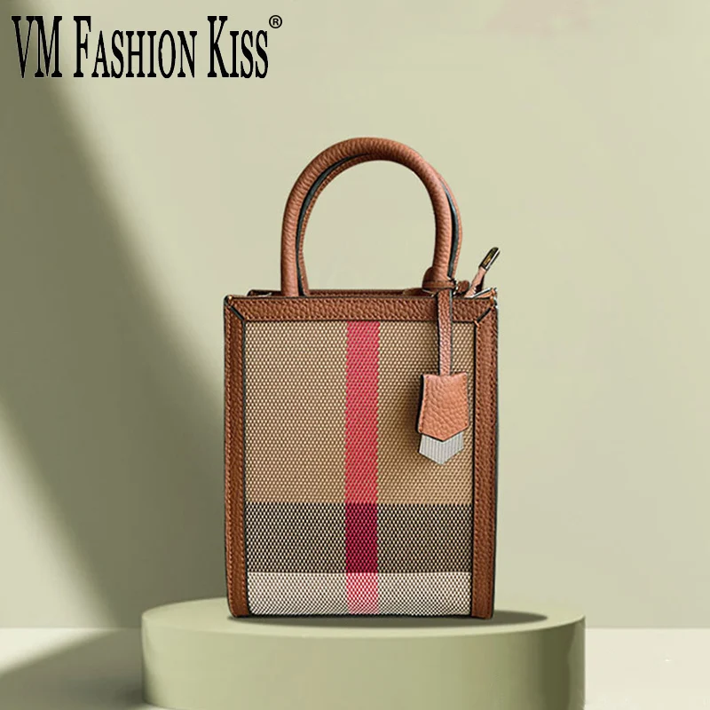 

VM FASHION KISS Small Striped Phone Shopping Cute Bag Canvas + Cowhide High Quality Shoulder Bag Tendance 2022 Women's Handbag