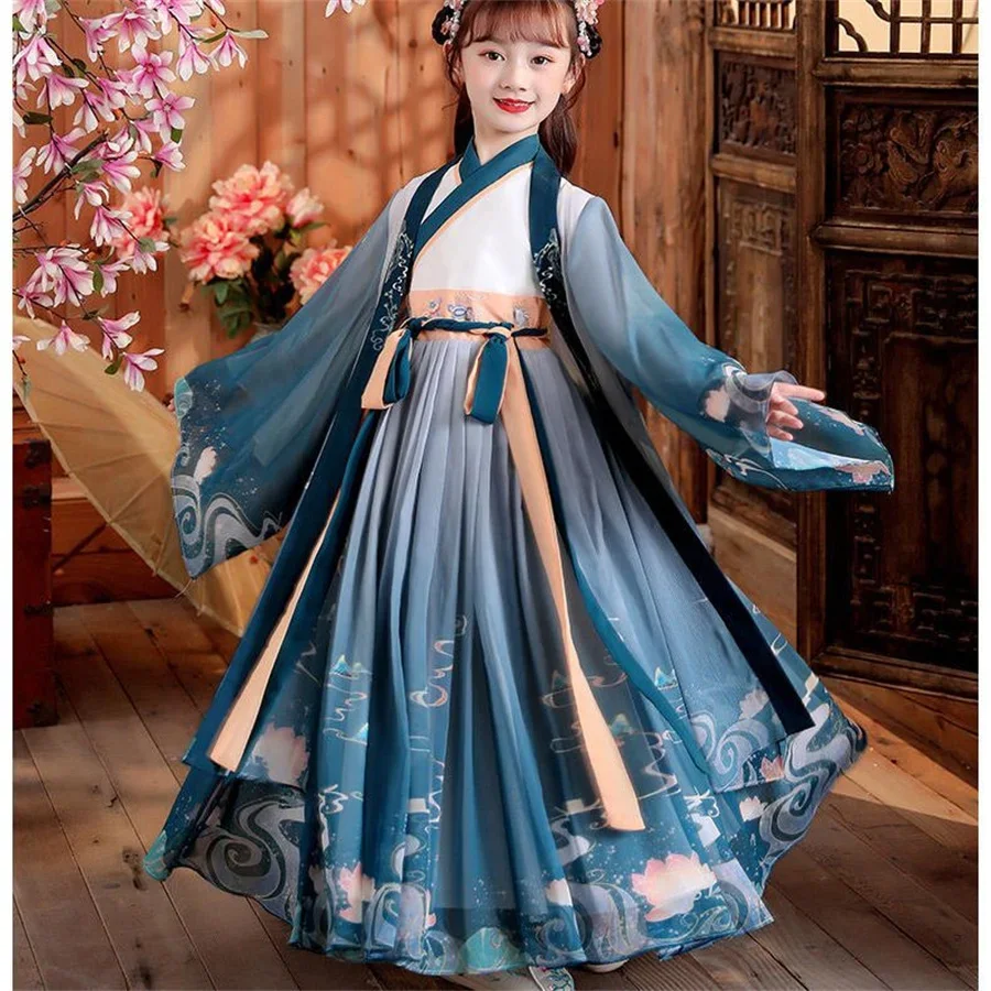 Новый Hanfu Meisjes Lente En Herfst Kinderkostuumjurk 3-12 Jaar Oud Meisje Kersenbloesem информационessenjurk Китайский Stijl Kind