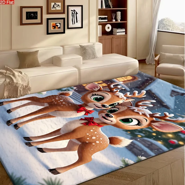 Cute Cartoon Christmas Reindeer Winter Snow Scene carpet flooring, Xmas Holiday Themed Area Rug for Living Room Bedroom Home Decor