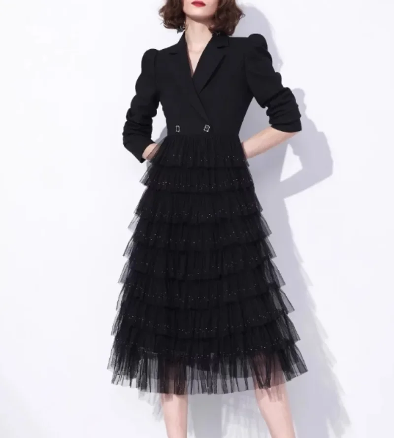 

Black Mesh Patchwork Dress Women Notched Neck Elegant Long Sleeve Dresses Bodycon Streetwear Business Party Clothing Lady