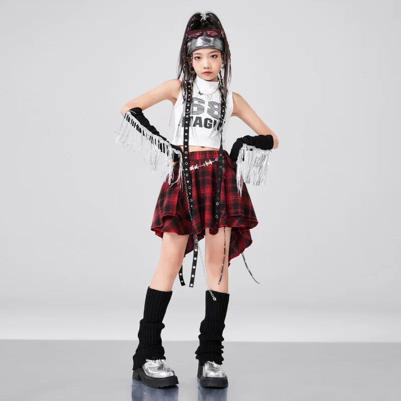 Hip Hop Ragazze Crop Top Plaid Gonna da ballo di strada Bambini Gonne a pieghe con nastro Adolescenti Jazz Costumi fantastici Bambino Streetwear Set di vestiti