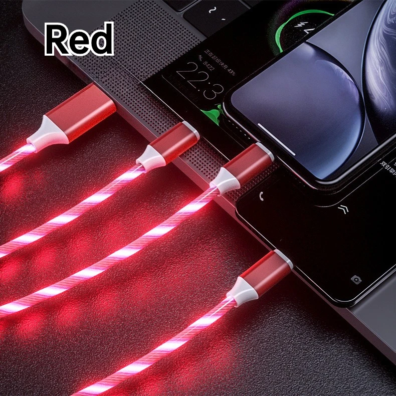 3 في 1 LED تدفق كابل شحن سريع 1.2 متر مايكرو USB نوع C آيفون 12 13 14 آي باد سامسونج جالاكسي هواوي بورا 70/شاومي شاحن