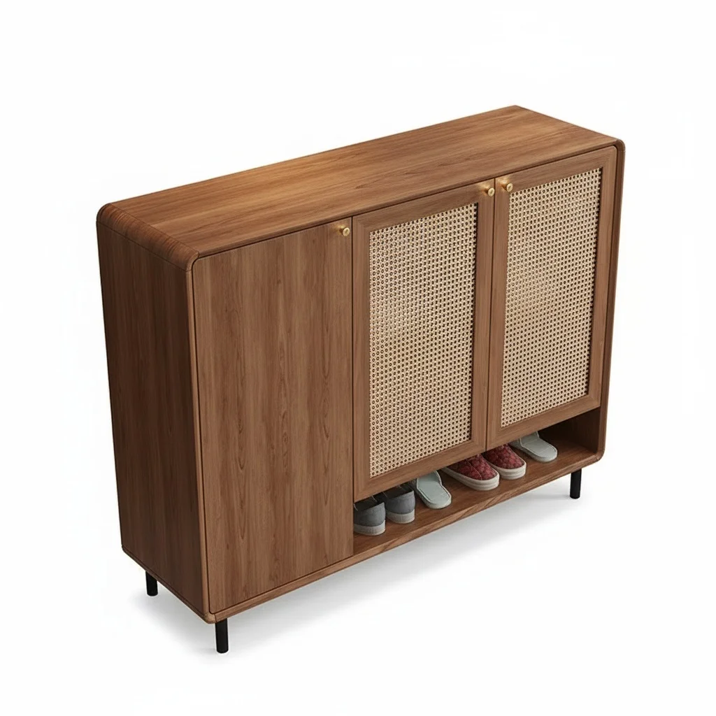 Shoe Storage Cabinet with Wood and Rockboard, Modern Shoe Rack, Large Capacity Weave Check, Metal Feet Entrance Shoe Box