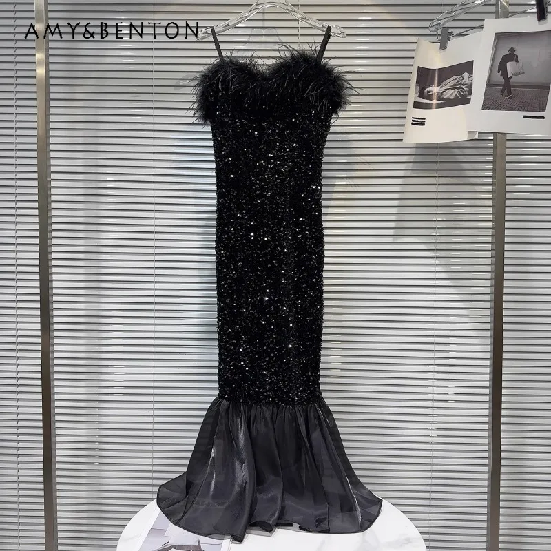 2024 Spring New Dark Vestidos Socialite Fur Collar Covered Sequined Fishtail Strap Dress Banquet Dresses For Women's Clothes