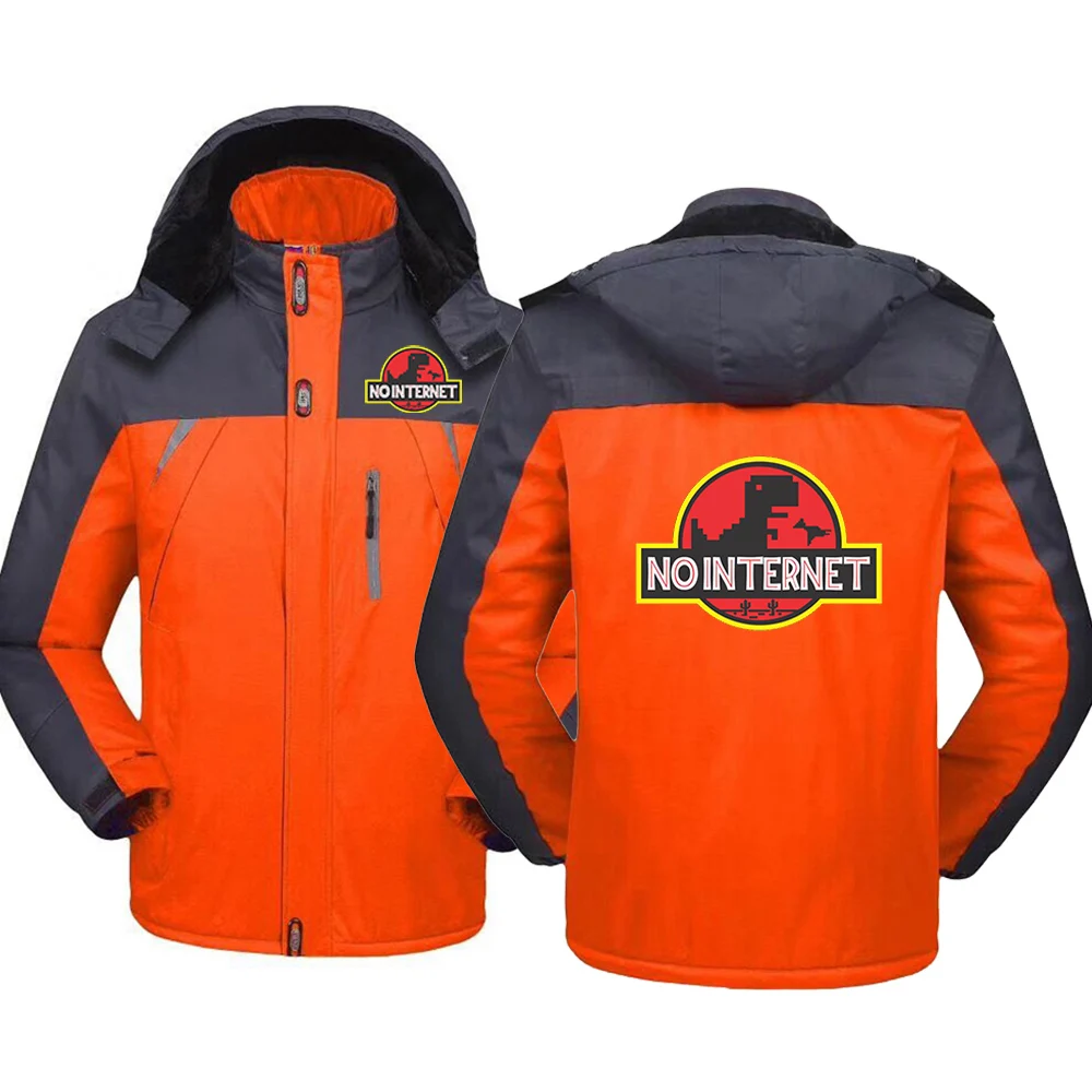 

2025 Autumn Winter No Internet Men's Cartoon Dinosaur Jurassic Offline Park Print Detachable Hooded Cold-Proof Windbreaker Coats