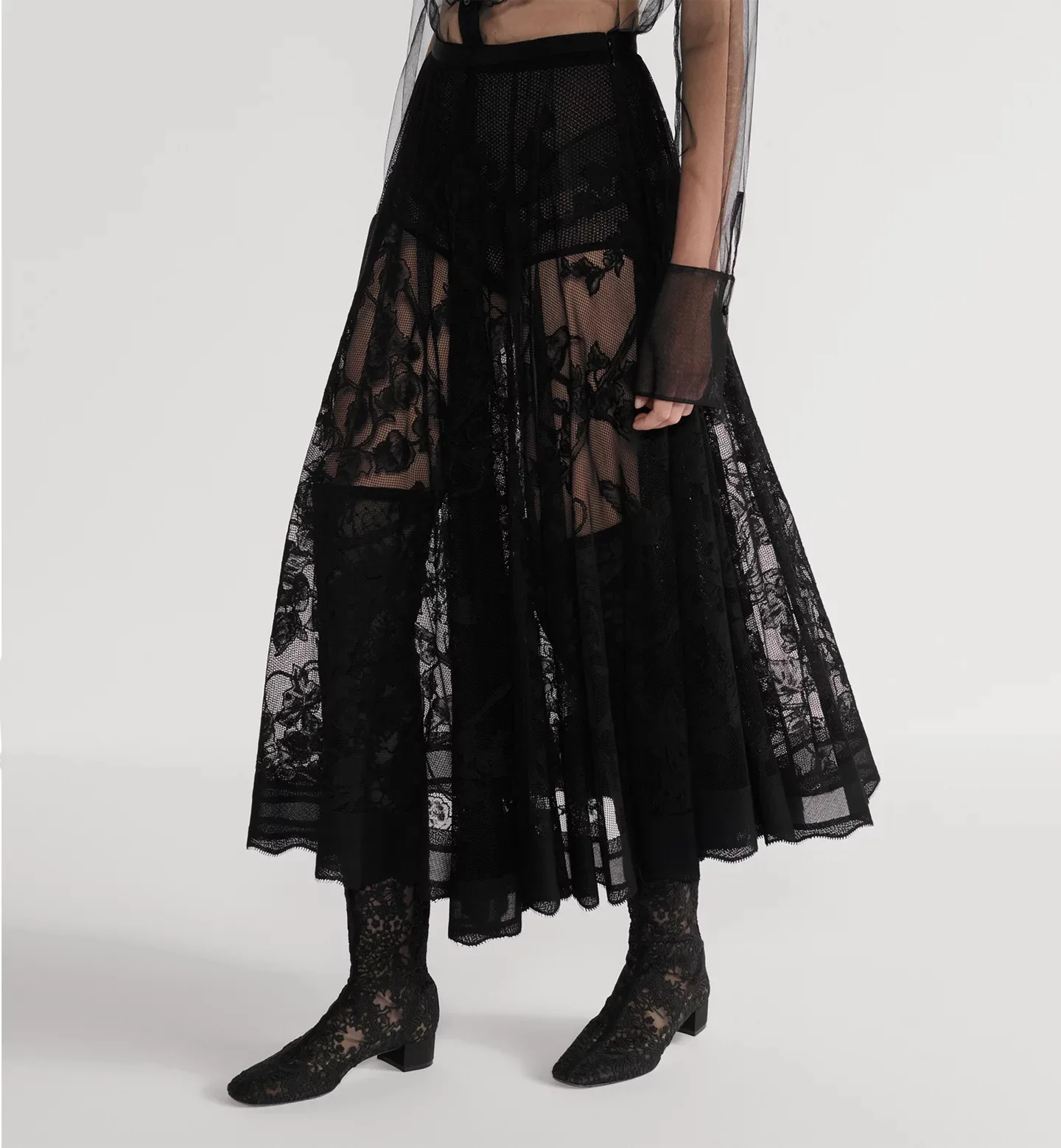 

Lace Skirt Women's Fashion Beige Hollow Out Skirt Long Sexy Ladies Transparent Black Midi Skirt
