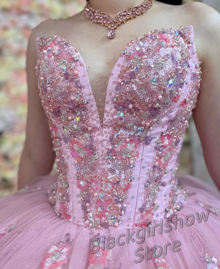 Vestidos de tule sem mangas para quinceanera, vestido floral rosa para baile, conto de fadas, 18 anos, 2024