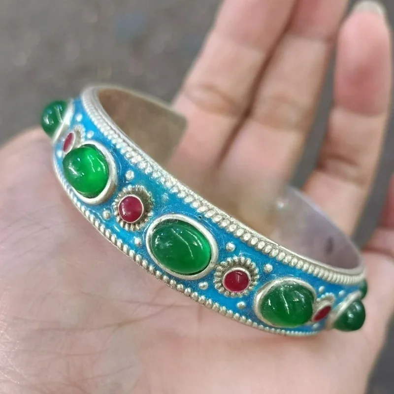 Retro Old Silver Cloisonne Bangle Inlaid Green Gemstone, 58mm Inner Diameter Unisex Wearable Vintage Collectible Jewelry Gift