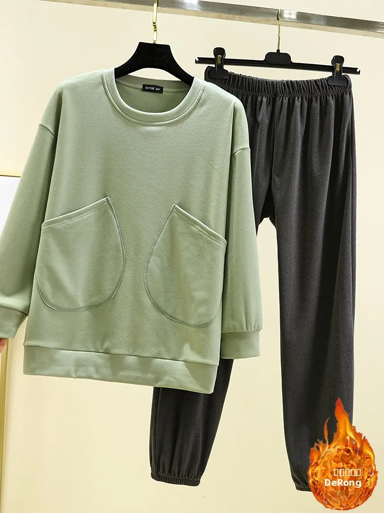 

Thickened Double-sided Velvet Home Clothes Set Winter Women's Long Sleeve round Neck Fleece Lined Sleepwear with Pocket Pants