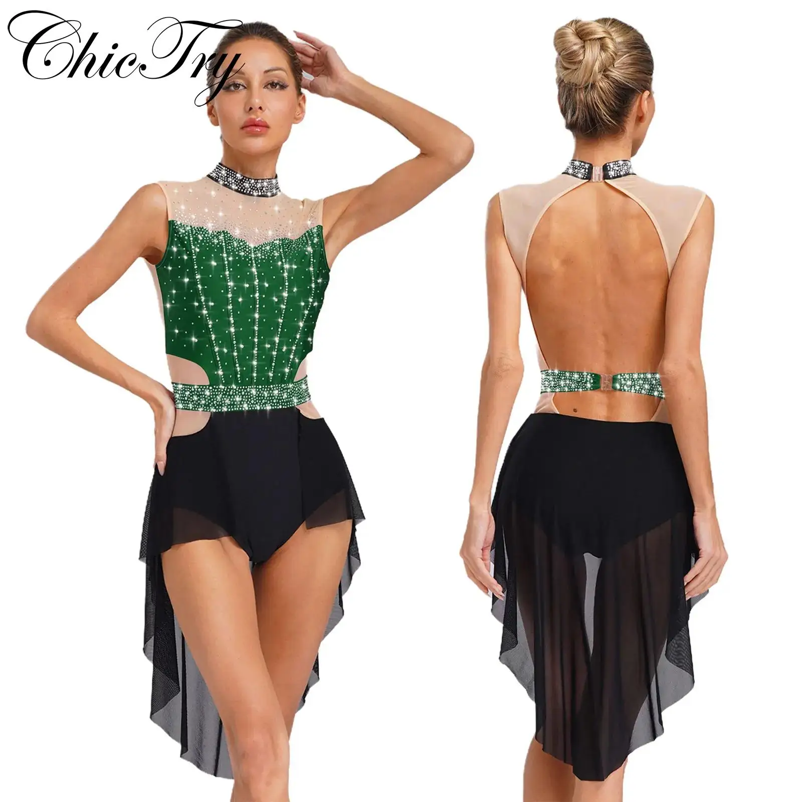 

Womens Ballet Lyrical Dance Dress Figure Skating Dancewear Sleeveless Backless Rhinestones Skirted Leotard for Stage Performance