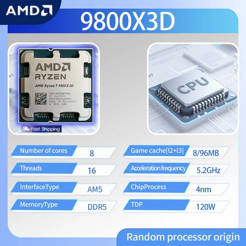 AMD Ryzen 7 9800X3D CPU Gaming CPU R7 9800X3D 5.2GHz 8-Core 16-Thread 104M Game Cache Socket AM5 CPU