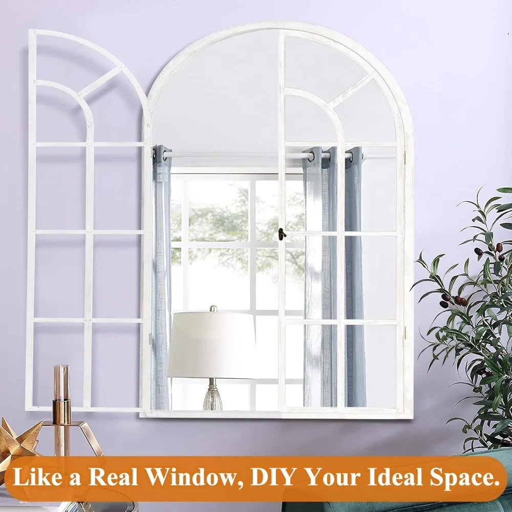 Espejo de pared estilo ventana arqueada, 36x24 pulgadas, marco de madera, estilo granja, arte decorativo de pared para el hogar