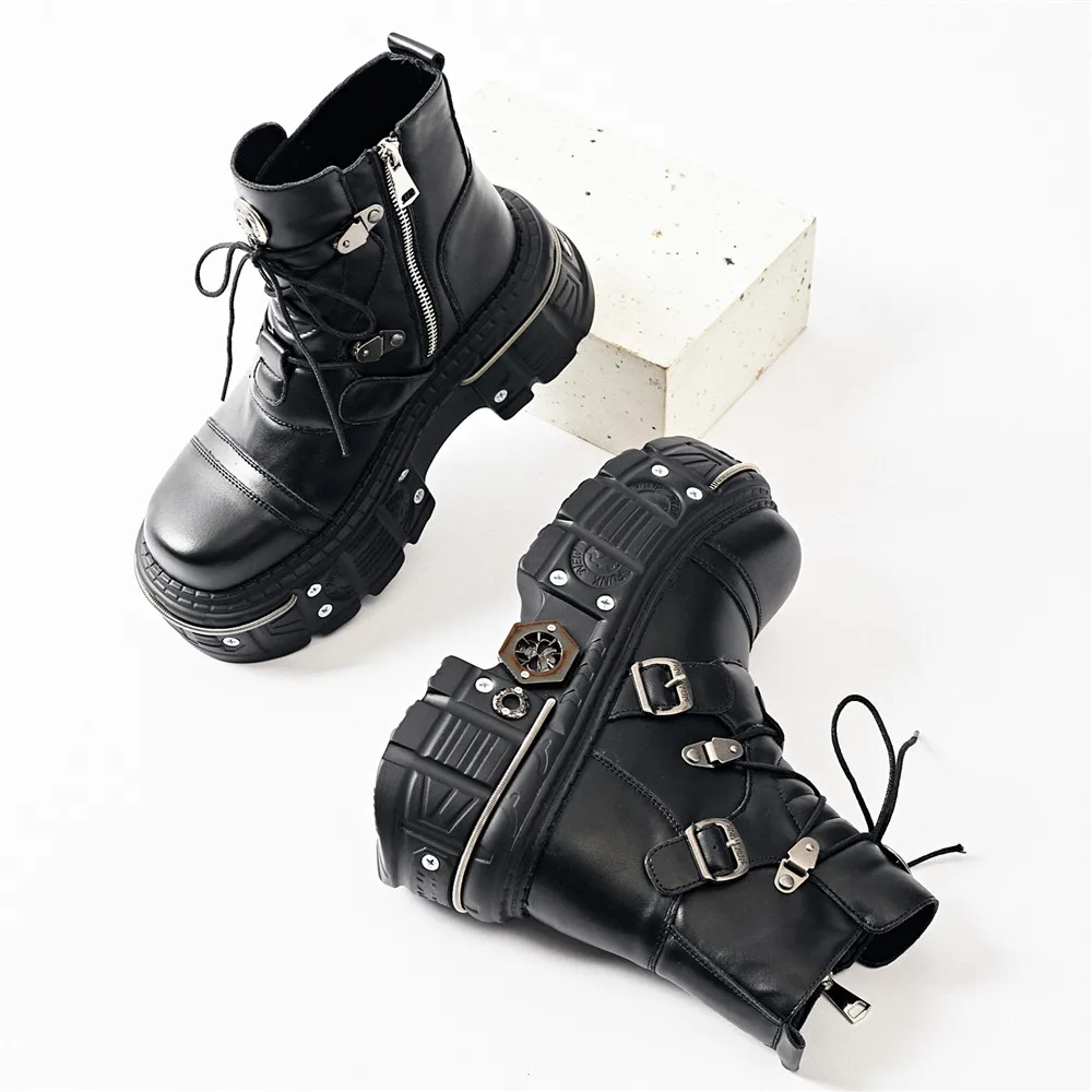 New Fashion Women Punk Round Toe Ankle Boots  Lace-Up Thick Bottom Metal Decoration Shoes Buckle Strap Party Footwear Black