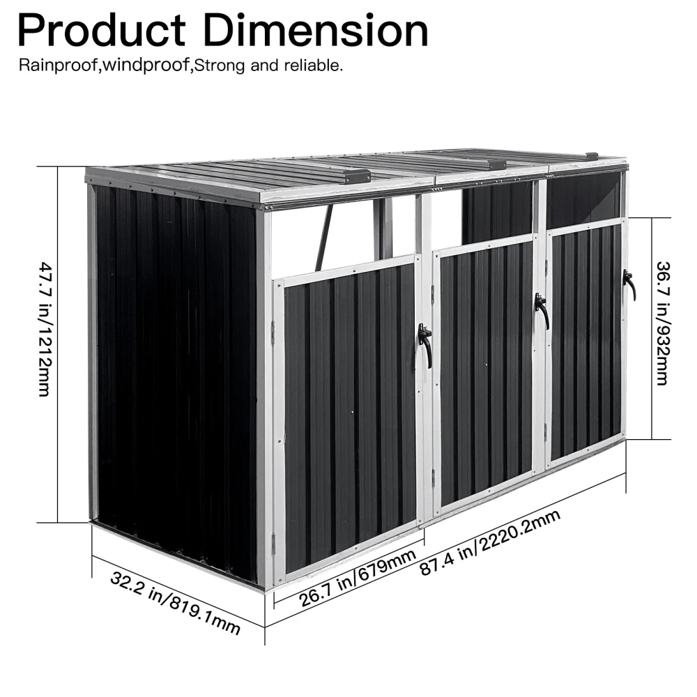 Garbage Bin Shed Stores 3 Trash Cans Metal Outdoor Bin Shed for Garbage Storage,Grey