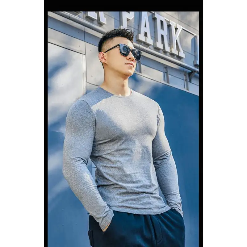DROZENO Long-sleeved T-shirt Men's Pure Cotton Clothes Slim-fit Inner Base Shirt Top Solid Color