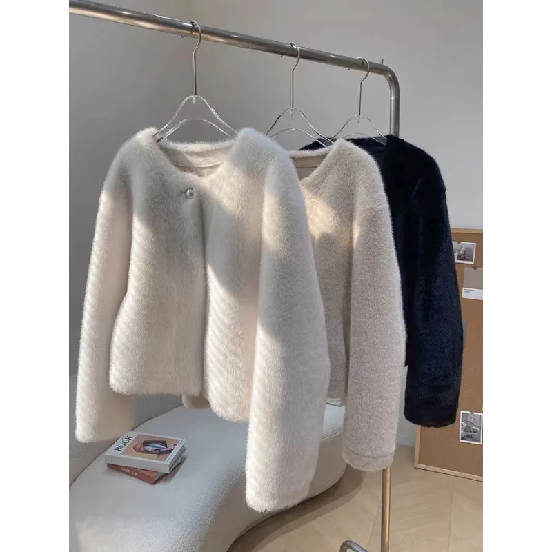 Velo de veludo casaco de vison pele pérola fivela curto inverno grosso casaco macio cashmere cardigan feminino inverno quente jaqueta casaco