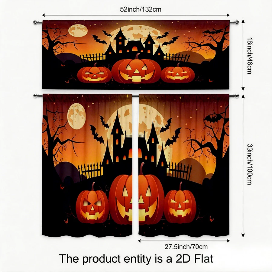 Halloween Fall Kitchen Curtains, Haunted Castle Pumpkin, Digital Print, Kitchen Dining Room, Rod Pocket Polyester, Home Decor