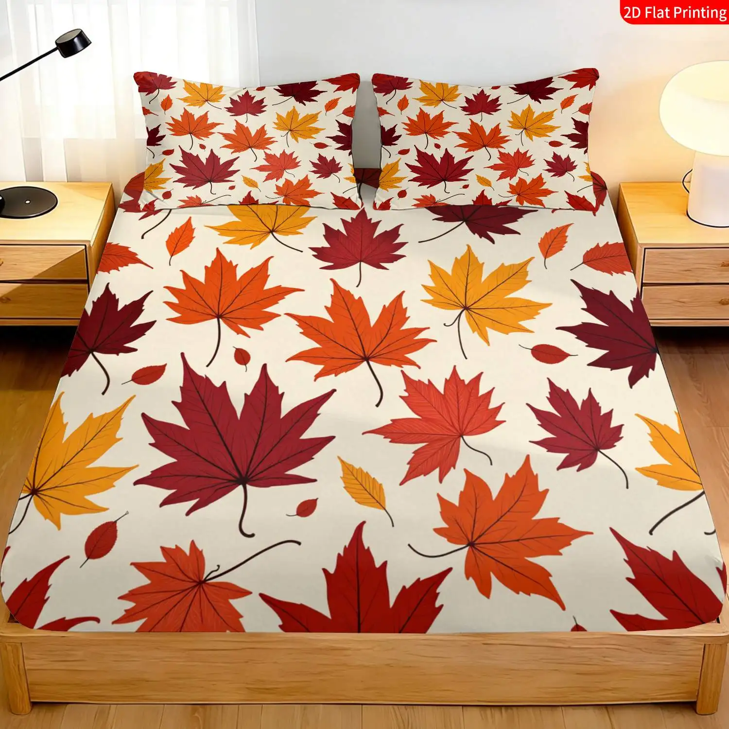 Bedding Set, Bedroom Decoration, Autumn Maple Leaf Print Bedding, Includes Fitted Sheet and Pillowcases, Three-Piece Bedding Set (Includes 1 Fitted Sheet + 2 Pillowcases), 3-Piece Set, Deep Pocket Fitted Sheet with 2D Print and 2 Pillowcases, Fitted Sheet Style with Elastic Band, Protective Cover, Mattress Protector, Fitted Sheet Style with Elastic Band, Suitable for All Seasons, Machine Washable Design, Holiday Decoration, Various Sizes, Breathable Protective Cover Plus Pillowcases