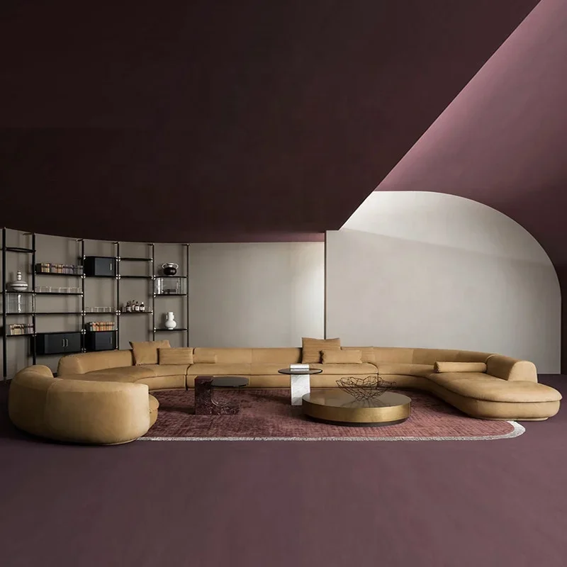For Luxury Italian Villa Hotel Furniture Suede Nubuck Leather Designer Arc U Shape Corner Sectional Sofa Set