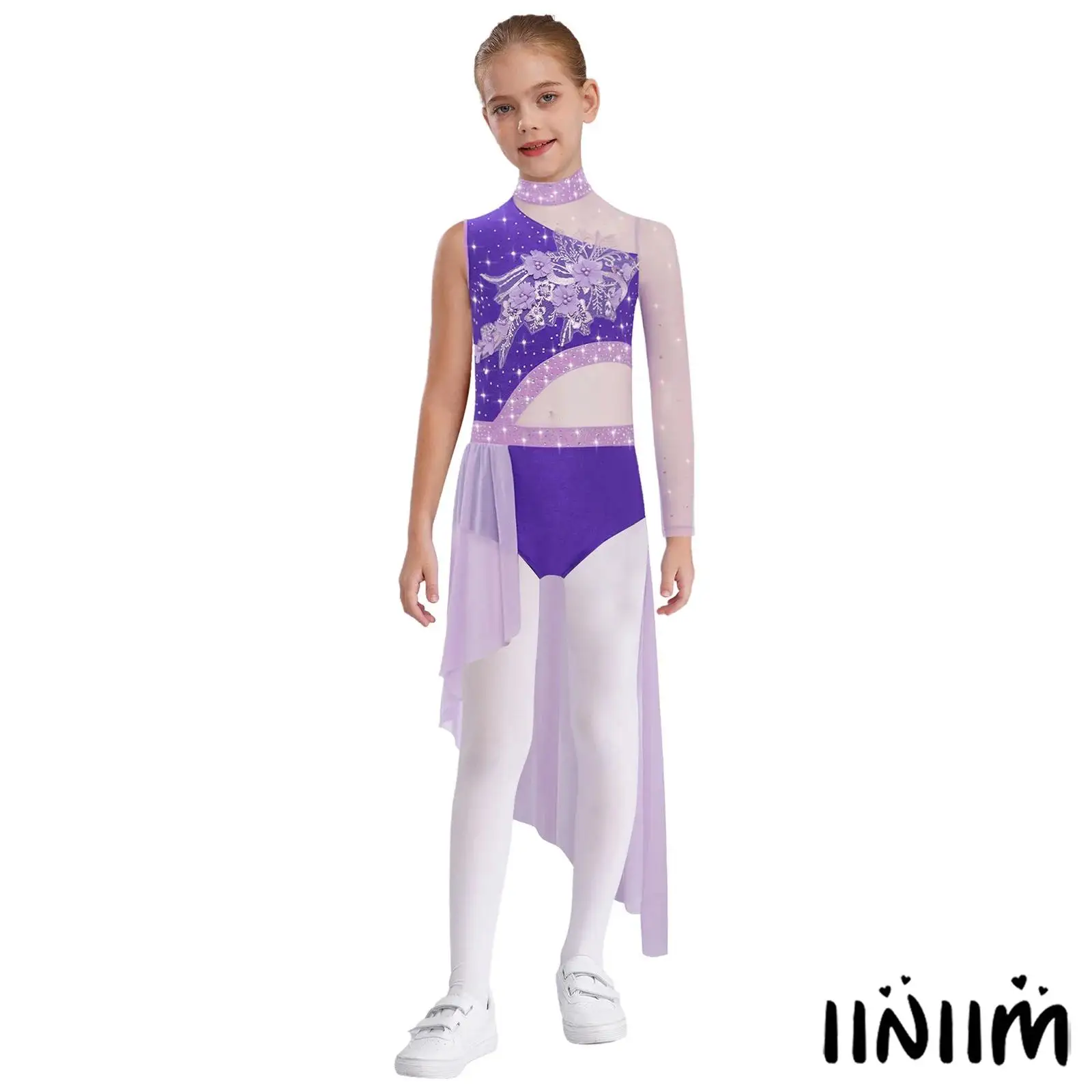 

Trendy Girls' Dance Performances Dress with Rhinestones Applique Mock Neck Patchwork Cutout Back for Lyrical Dance Competitions