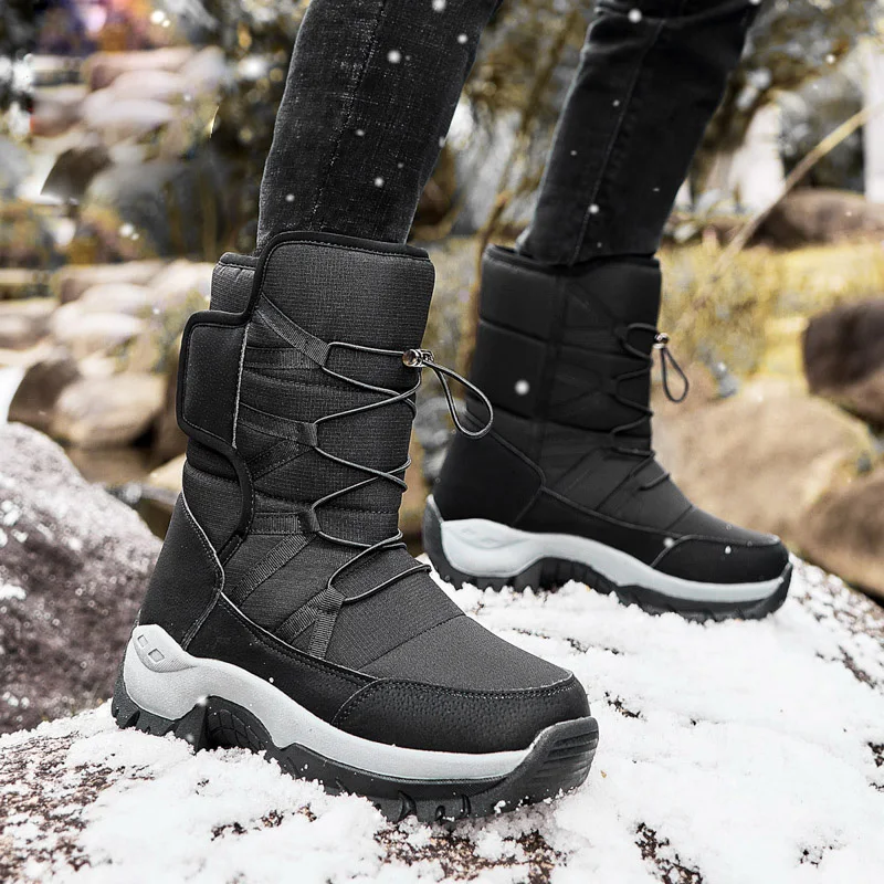 Unisex Snow Boots Warm Push Mid-Calf Boots Waterproof Non-slip Winter Boots Thick Leather Platform Warm Shoes Large Size 35-46