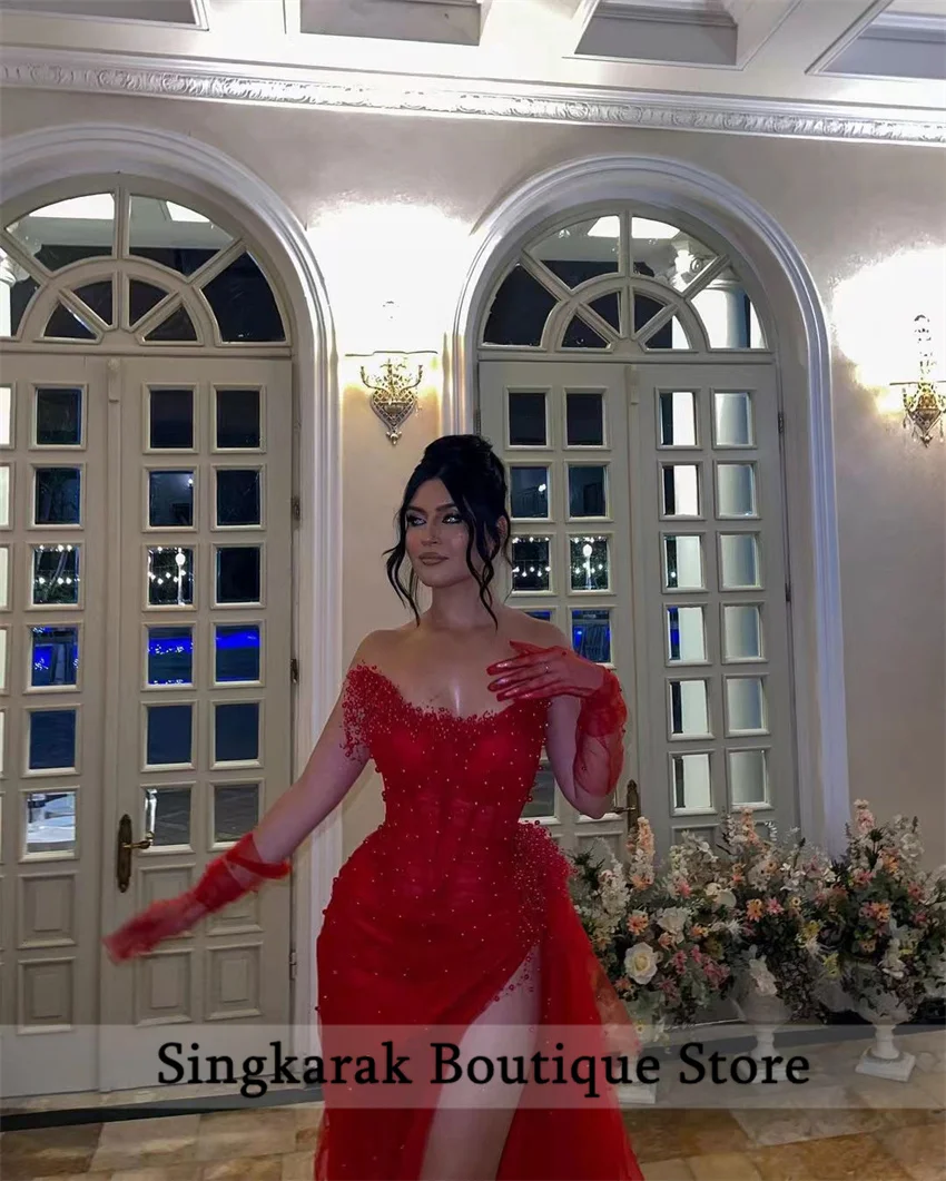 Luxury Red Mermaid Evening Dress Sweetheart With Gloves Side Split Glitter Beading Pearls Diamonds Prom Party Gown Robe