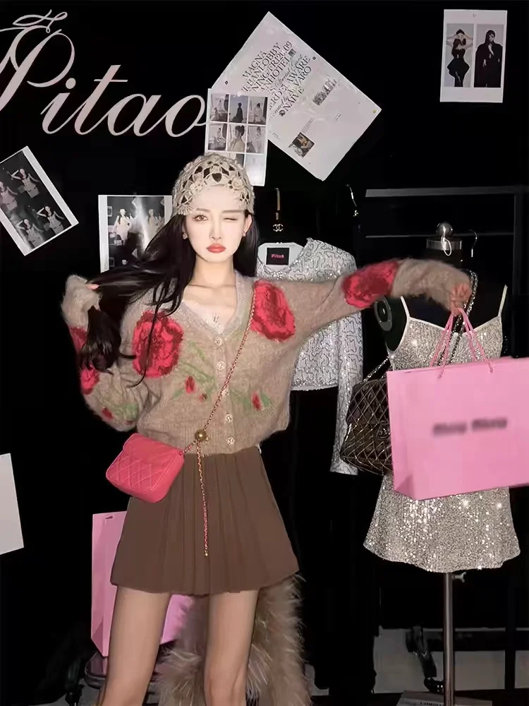 المألوف روز طباعة سترة مشغولة من الصوف المرأة فضفاضة تناسب الخامس الرقبة الخريف الشتاء نمط جديد تخفيف سترة سترة F494 #1