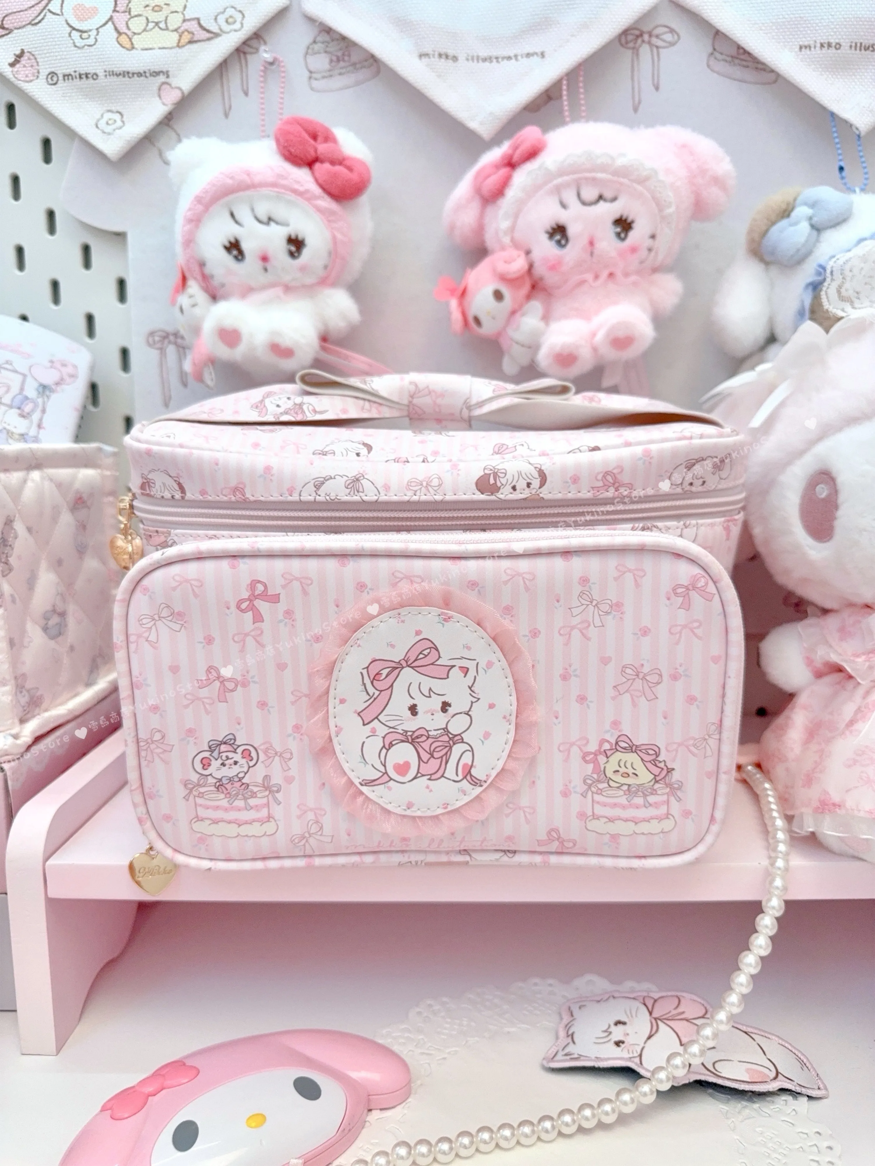 Double Layer Large Capacity Portable Makeup Bag Waterproof Storage Bag Cute Pink Cat Teddy Bear Bow Classification Package