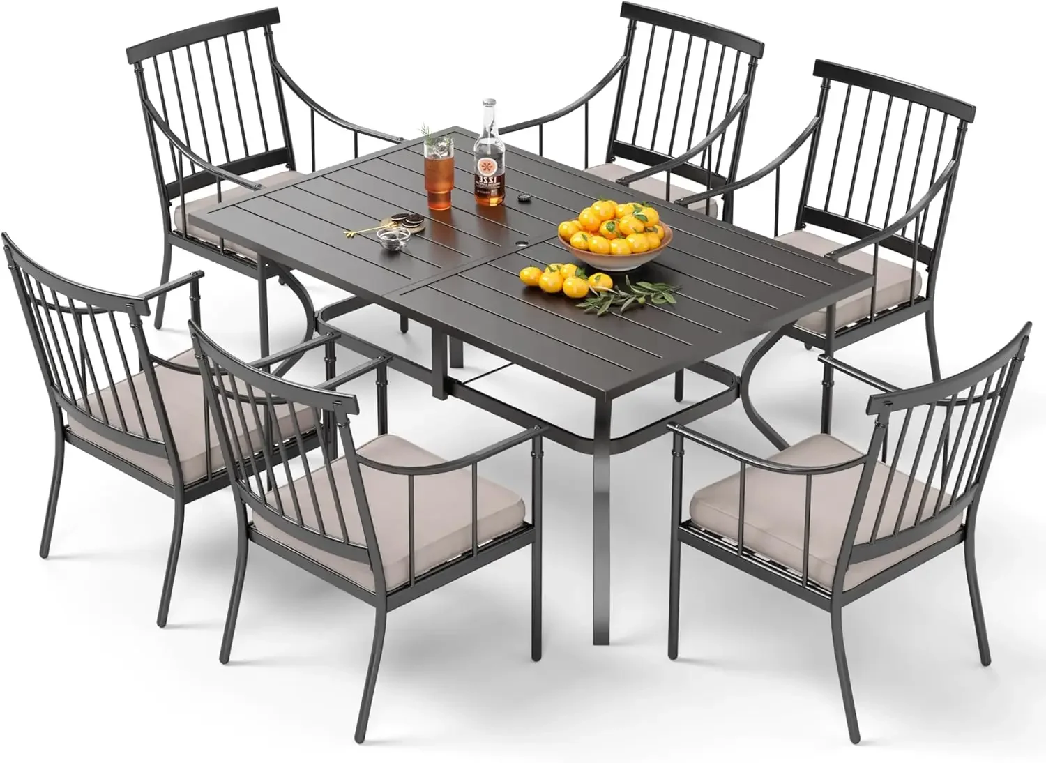 7 Piece Outdoor Dining Set with Cushion, 60” Rectangular Metal Dining Table with Umbrella Hole