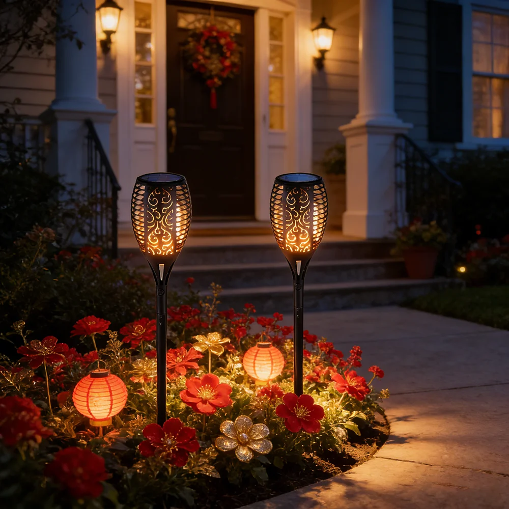 

2 шт. солнечных ламп-факелов, ландшафтные фонари для двора, подходят для украшения на День святого Валентина, свадьбу, Новый год и весну