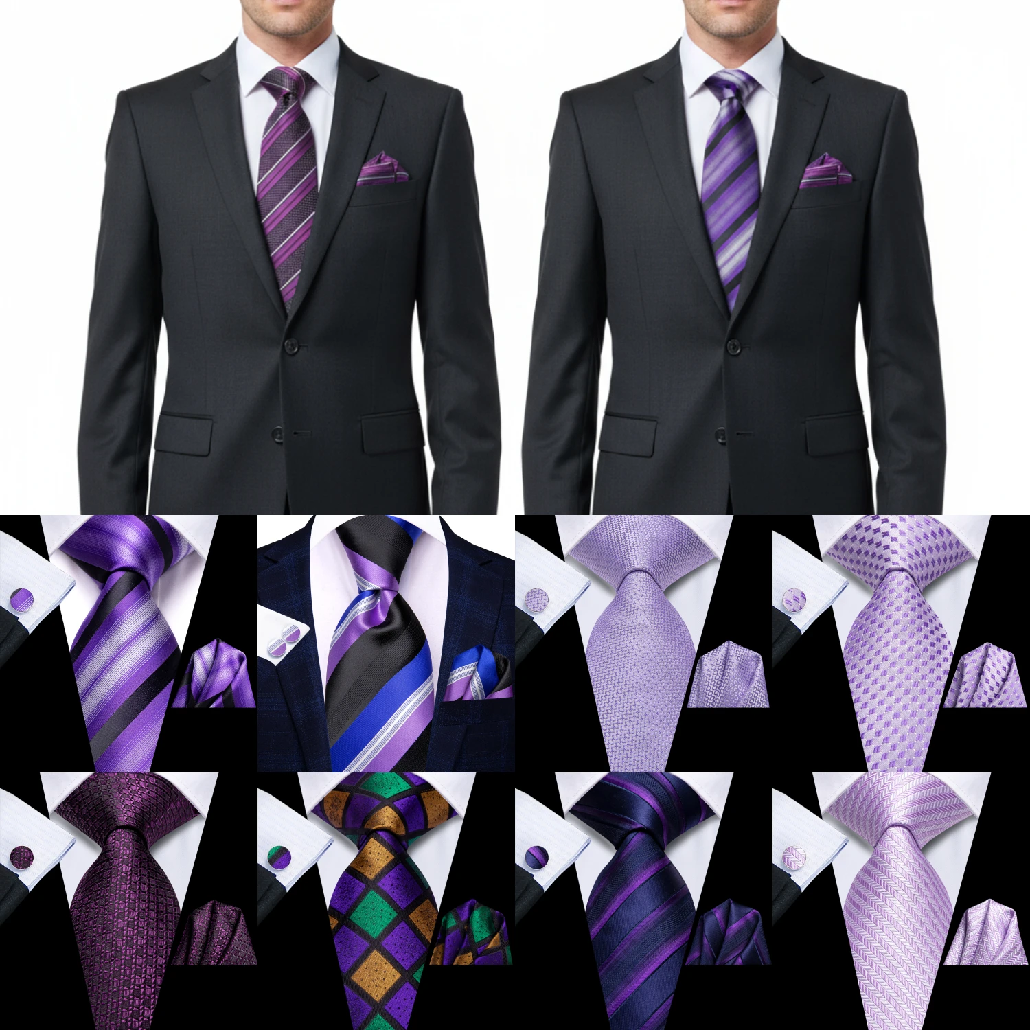 

Hi-Tie Mens Gift Tie Set Purple Solid Striped Wedding Tie For Men Fashion Design Quality Tie Hanky Cufflink Set Dropshipping
