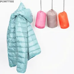 Chaqueta ultraligera con capucha para mujer, abrigo delgado y cálido de plumón de pato blanco 90%, prendas de vestir exteriores portátiles para Otoño e Invierno