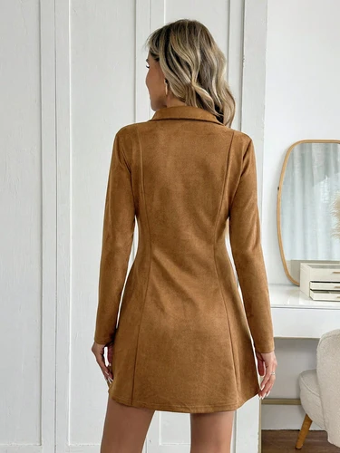 Imagen 2 del producto 2025 nueva llegada de las mujeres Camel gamuza cuello pico manga larga ajustado A-Line Mini vestido Otoño Invierno fecha diaria Oficina