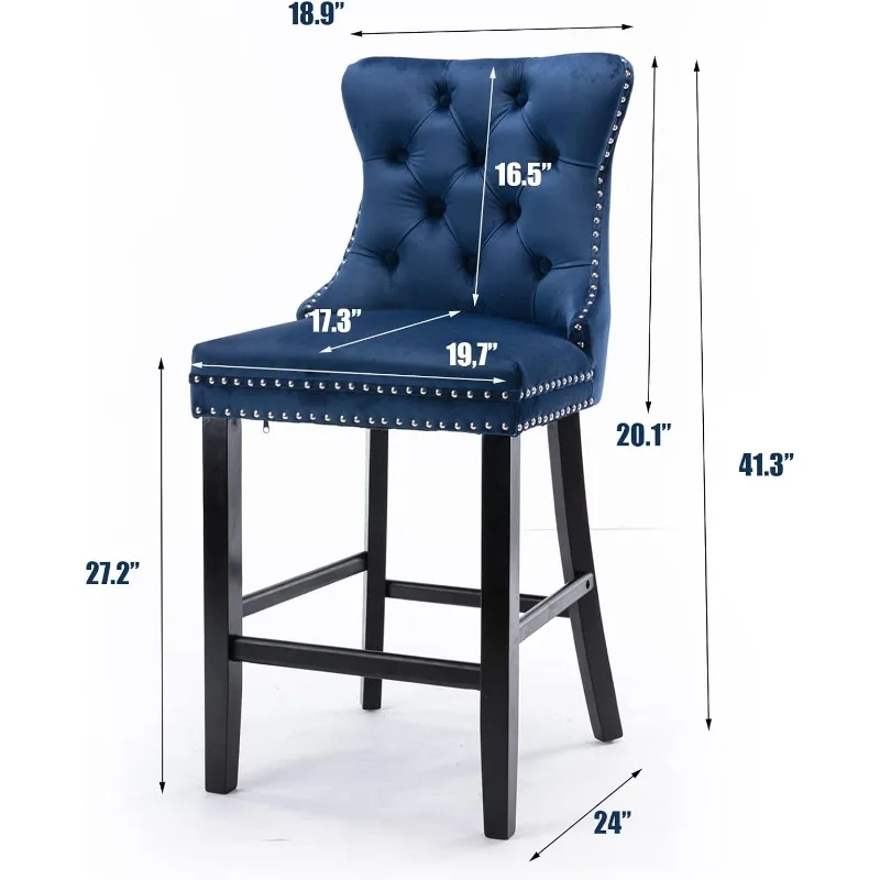 Upholstered Bar Stools Set of 4 with Wood Legs, Button Tufted,Chrome Nailhead, Counterstool Seat, Armles image 2